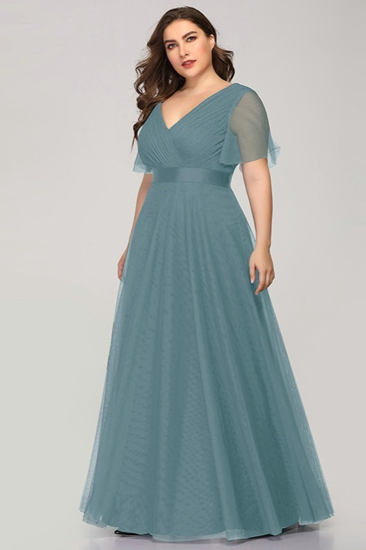 Gorgeous Plus Size Short Sleeve Prom Dress Long Tulle Evening Gowns - lulusllly
