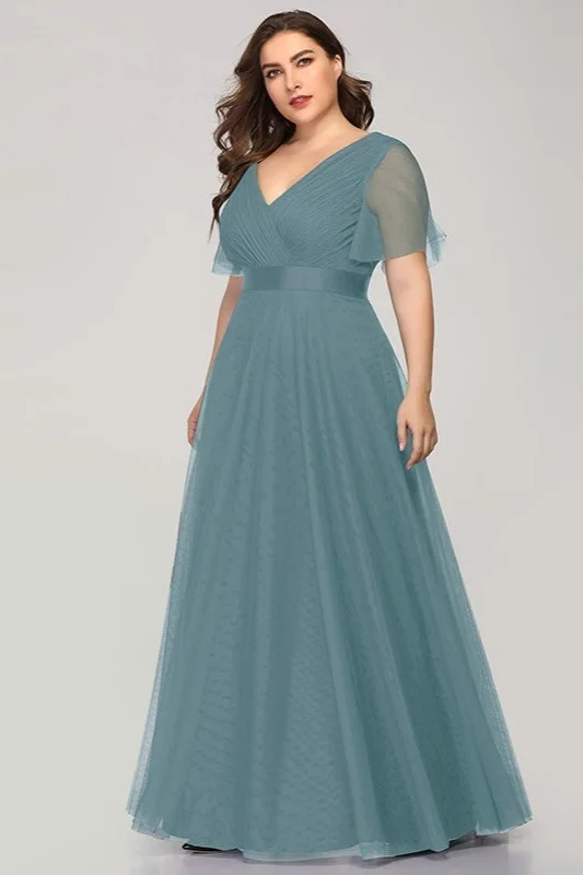 Gorgeous Plus Size Short Sleeve Prom Dress Long Tulle Evening Gowns