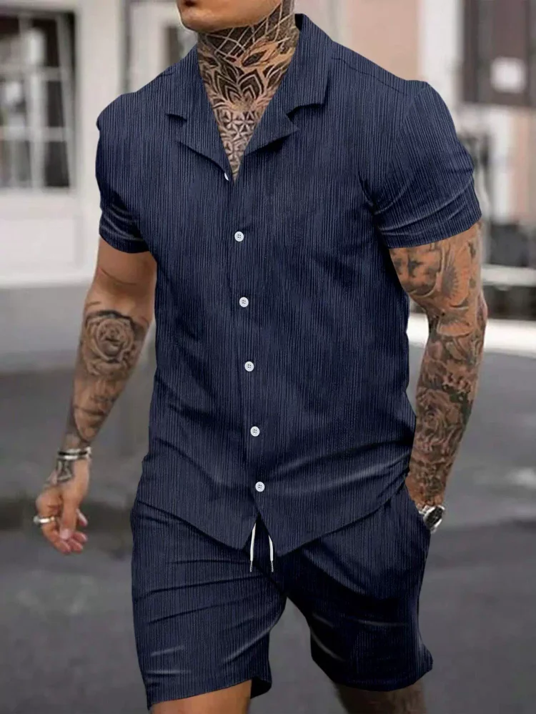 [S-3XL]Men's Classic Casual Striped Digital Print Cuban Collar Shirt Shorts Two-Piece Set