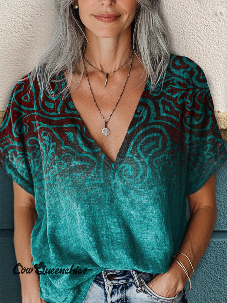 Vintage Turquoise Gradient Pattern Art Print Casual V-Neck T-Shirt Blue / S