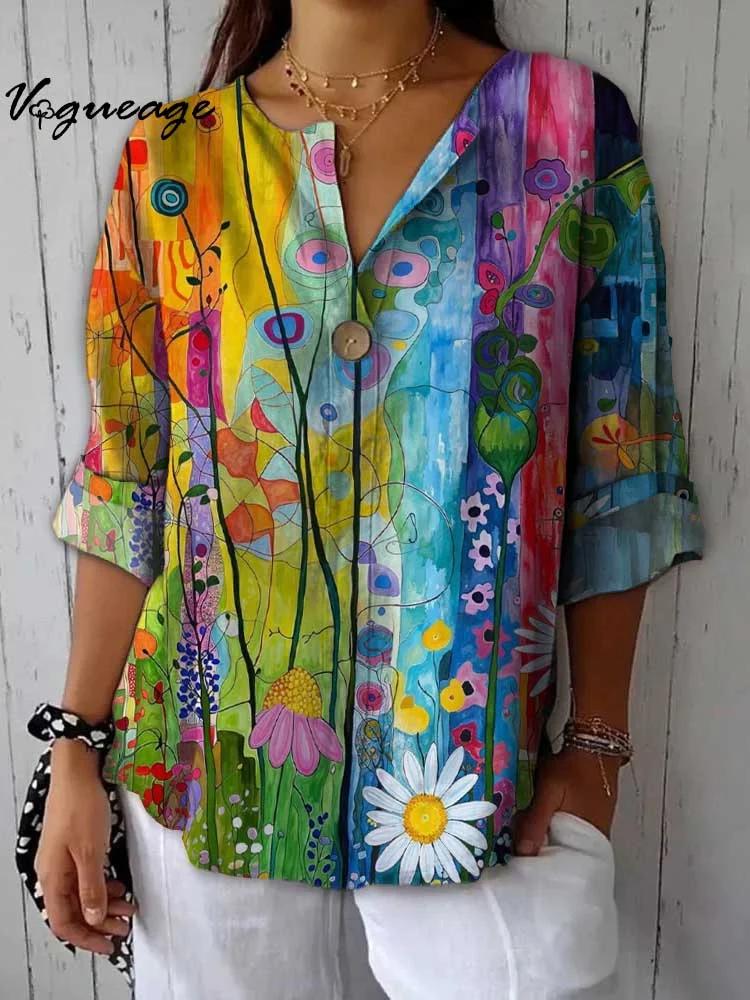 Plants And Vertical Color Strips Printed Cotton And Linen Shirt