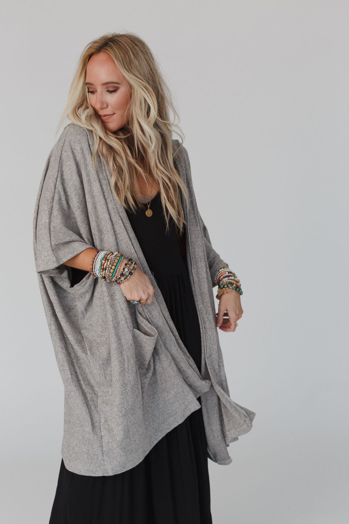 The Nest Boho Essential Hooded Ribbed Sweater - Oatmeal