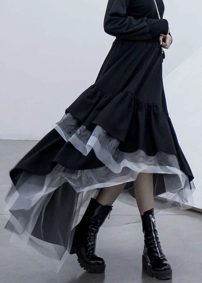 Chic Black Asymmetrical Tulle Patchwork Elastic Waist Cotton A Line Skirt Summer