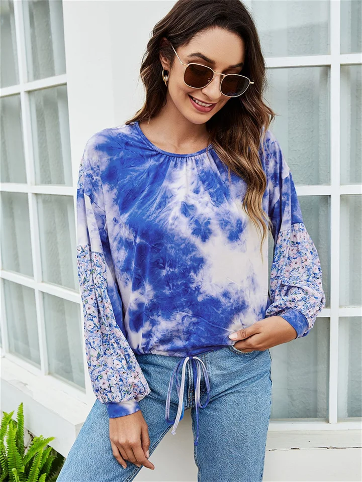 Autumn Long-sleeved Loose Type Urban Casual Women's Set Head Stretch Round Neck T-shirt Tie-dye Print Floral Patchwork T-shirt