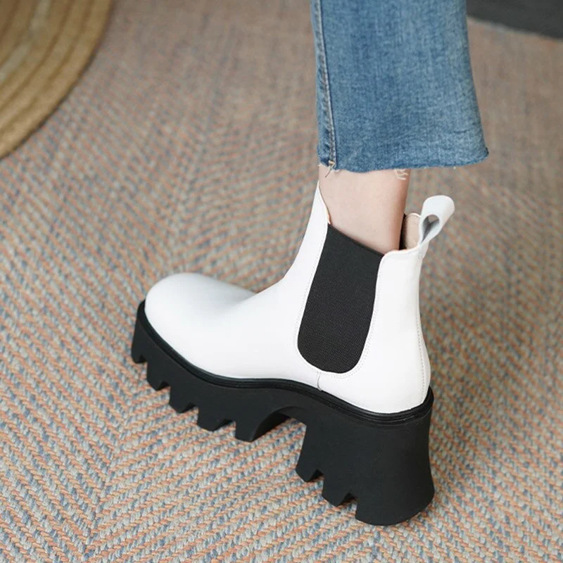 Fashion Platform Chelsea Boots For Women Chunky Heels Ladies Leather Shoes Autumn Winter Slip On Square Toe Female Ankle Boots