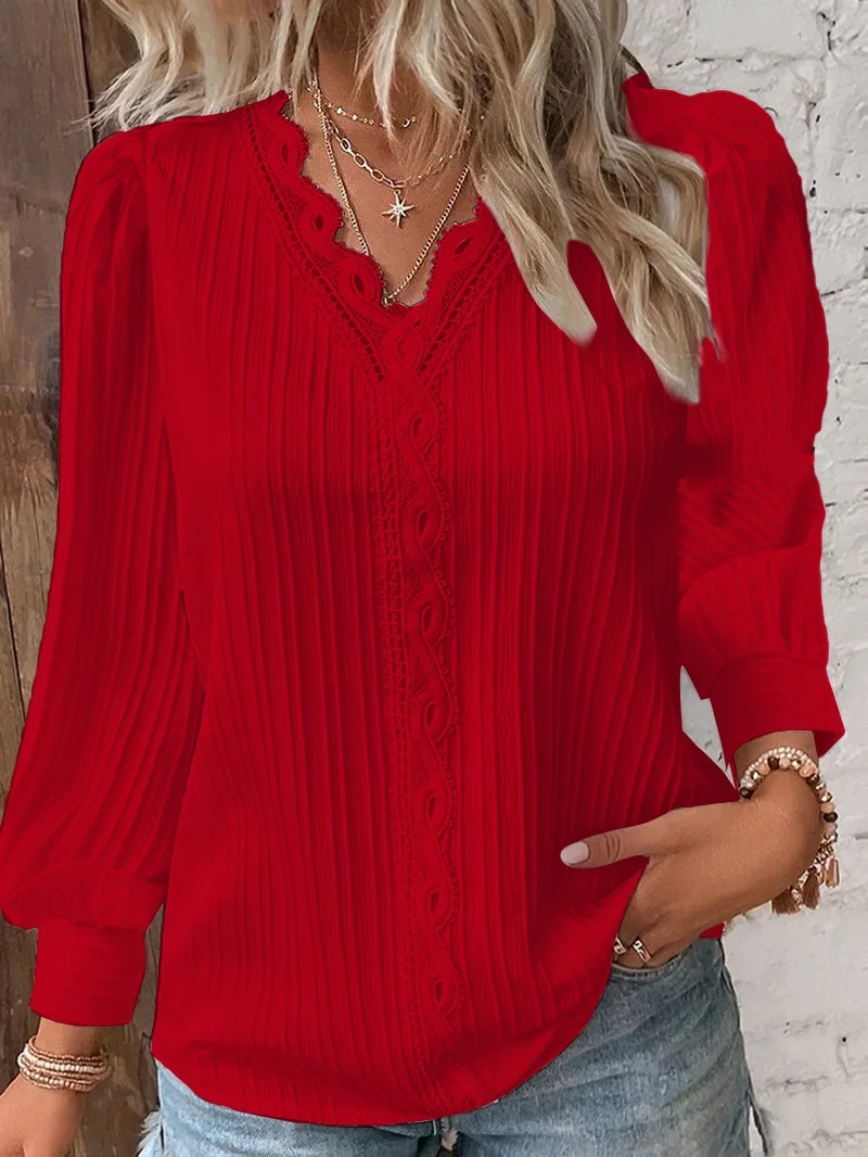 Uveng Uveng Explosion Autumn Long Sleeve V-Neck Lace Spliced Shirt Women's Shirt Women's Clothing