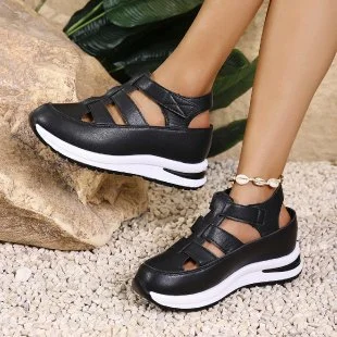 Yyvonne New Slope Hedley Sandals Bag Head Hollow Breathable Female Large Size Loose Cake Thick-Soled Magic Stick Casual Sandals