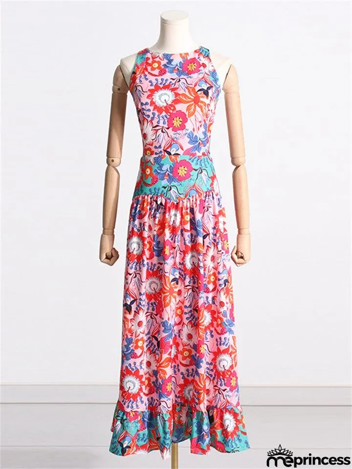 Women's Crew Neck Back Lace-up Floral Bohemian Dress
