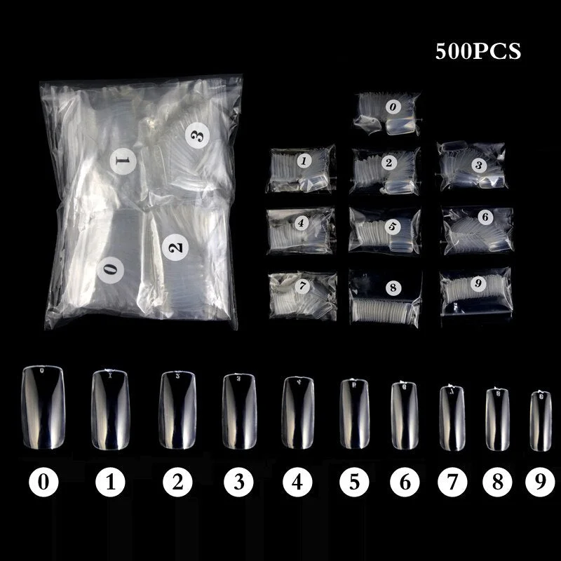 500PCS/bag Full coverage of fake nails Acrylic Nail Tips Clear nail 10 size press on nails