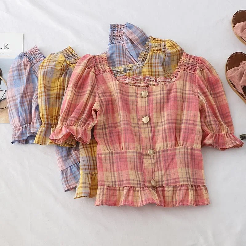 Yellow/Purple/Pink Falbala Vintage Grid Shirt SP14027