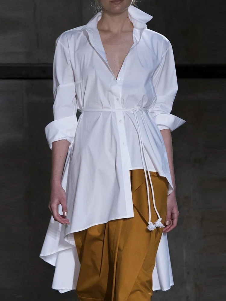 Elegant Asymmetrical Hem Wrap Long Sleeve Shirt