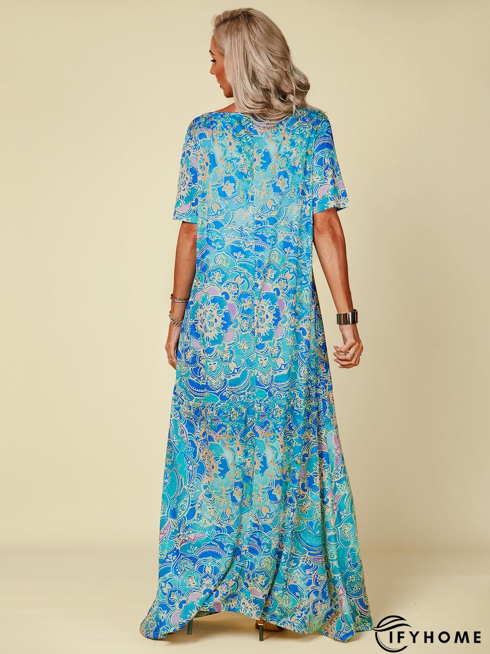 Short Sleeve Cotton-Blend Off-Shoulder Abstract Dresses | IFYHOME