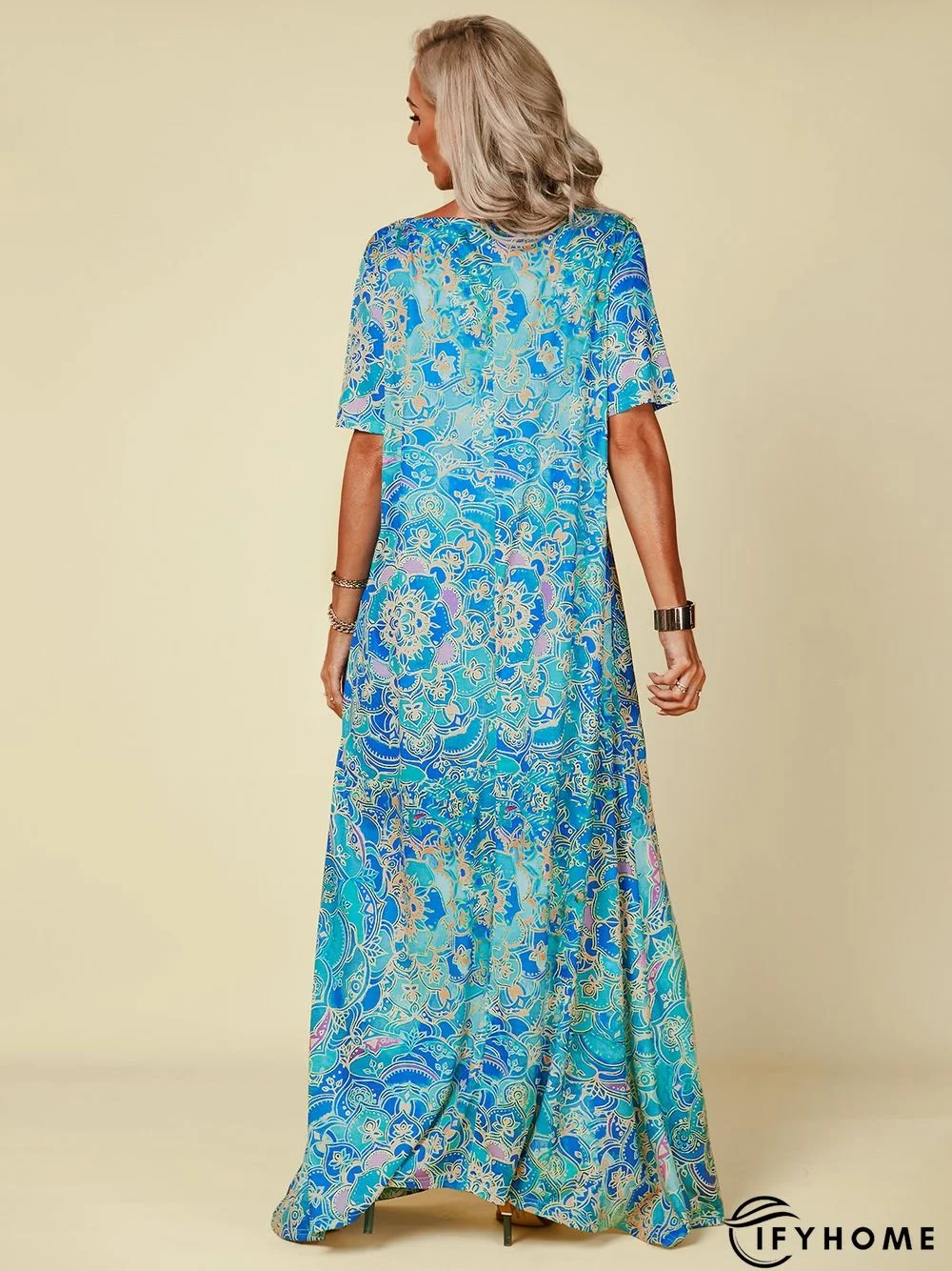 Short Sleeve Cotton-Blend Off-Shoulder Abstract Dresses | IFYHOME