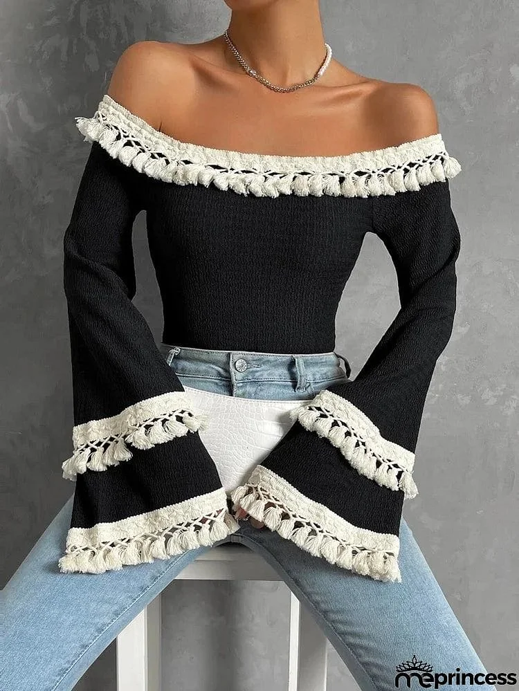 Stylish Flared Sleeves Lace-Up Tasseled Off-The-Shoulder T-Shirts Tops