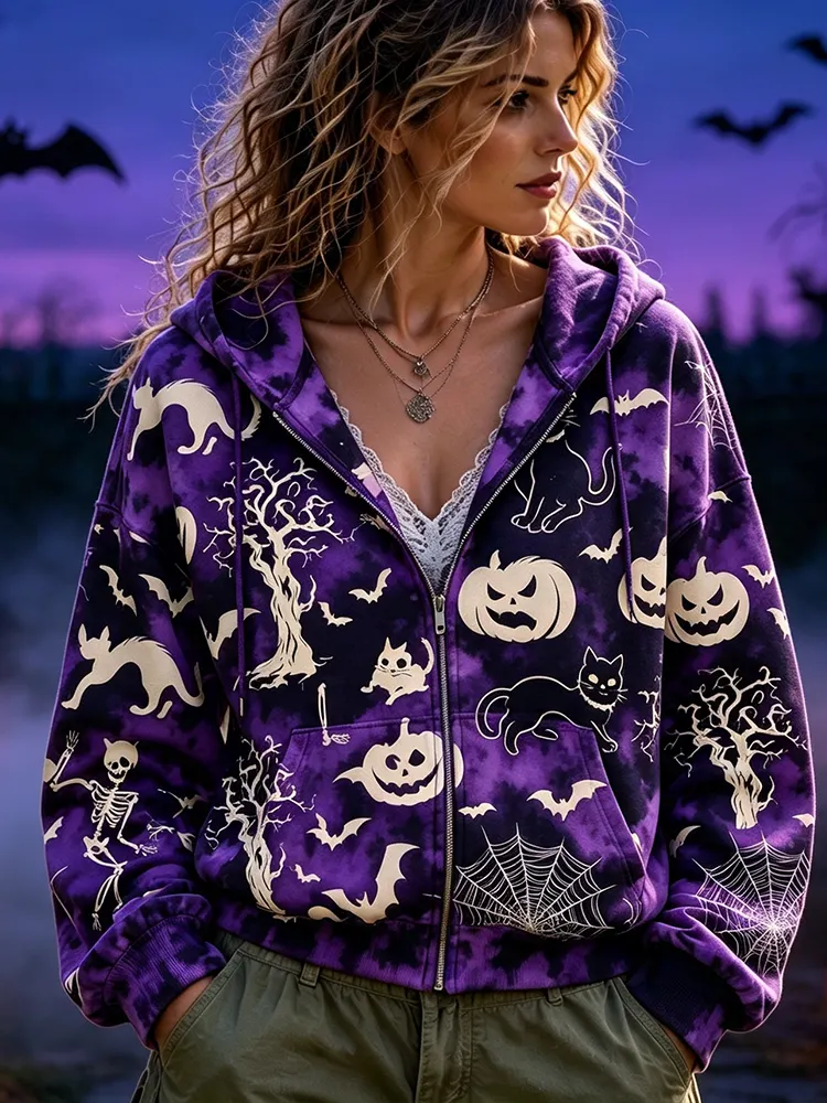 Women's Halloween Graphic Zip-up Hoodie - Purple Tie-dye Spooky Cat & Pumpkin Print Jacket