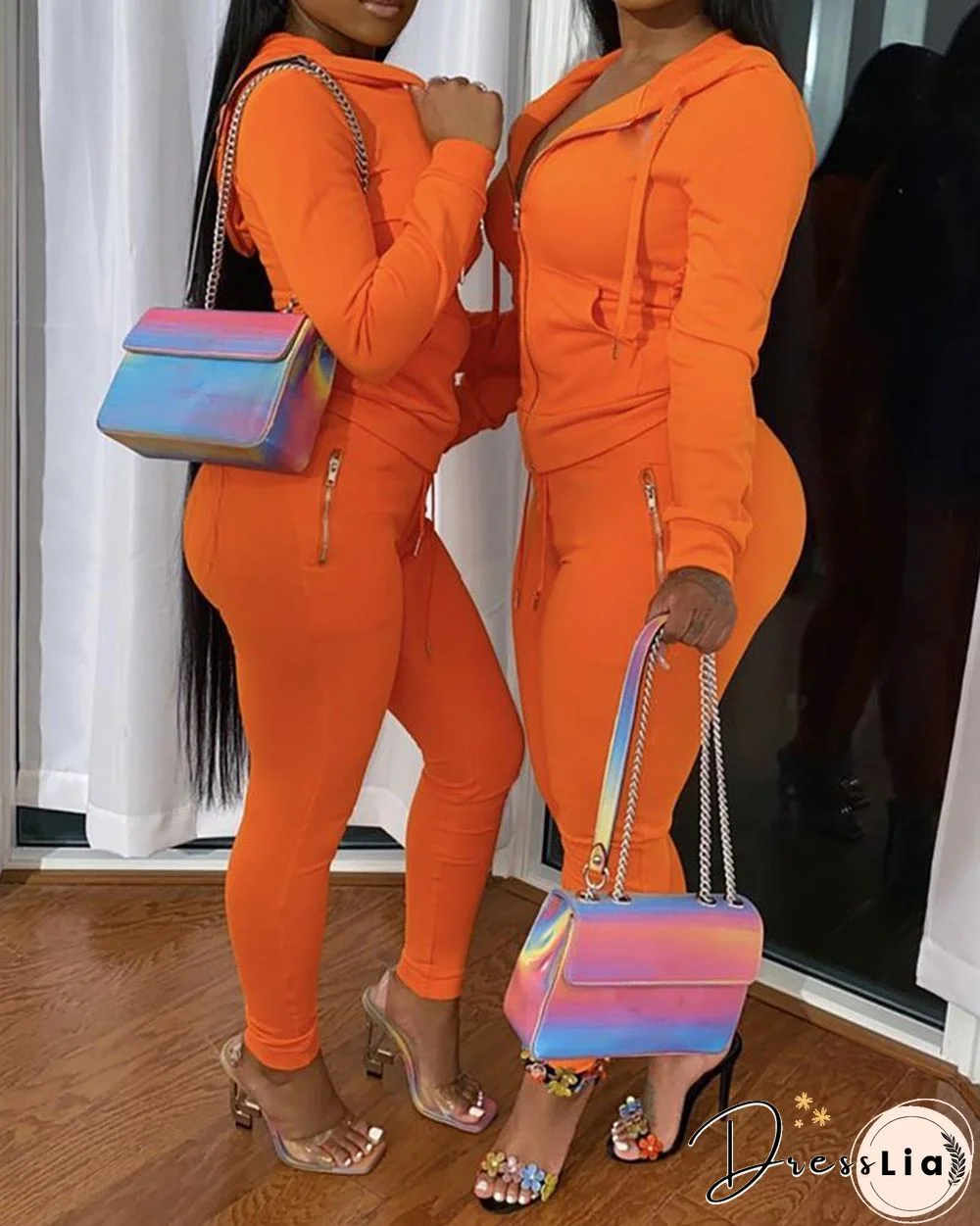 Zipper Design Hooded Top & Pants Set P16450