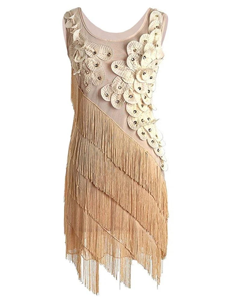 Women's 1920s Beaded Fringe Scalloped Petal Plus Size Flapper Dress