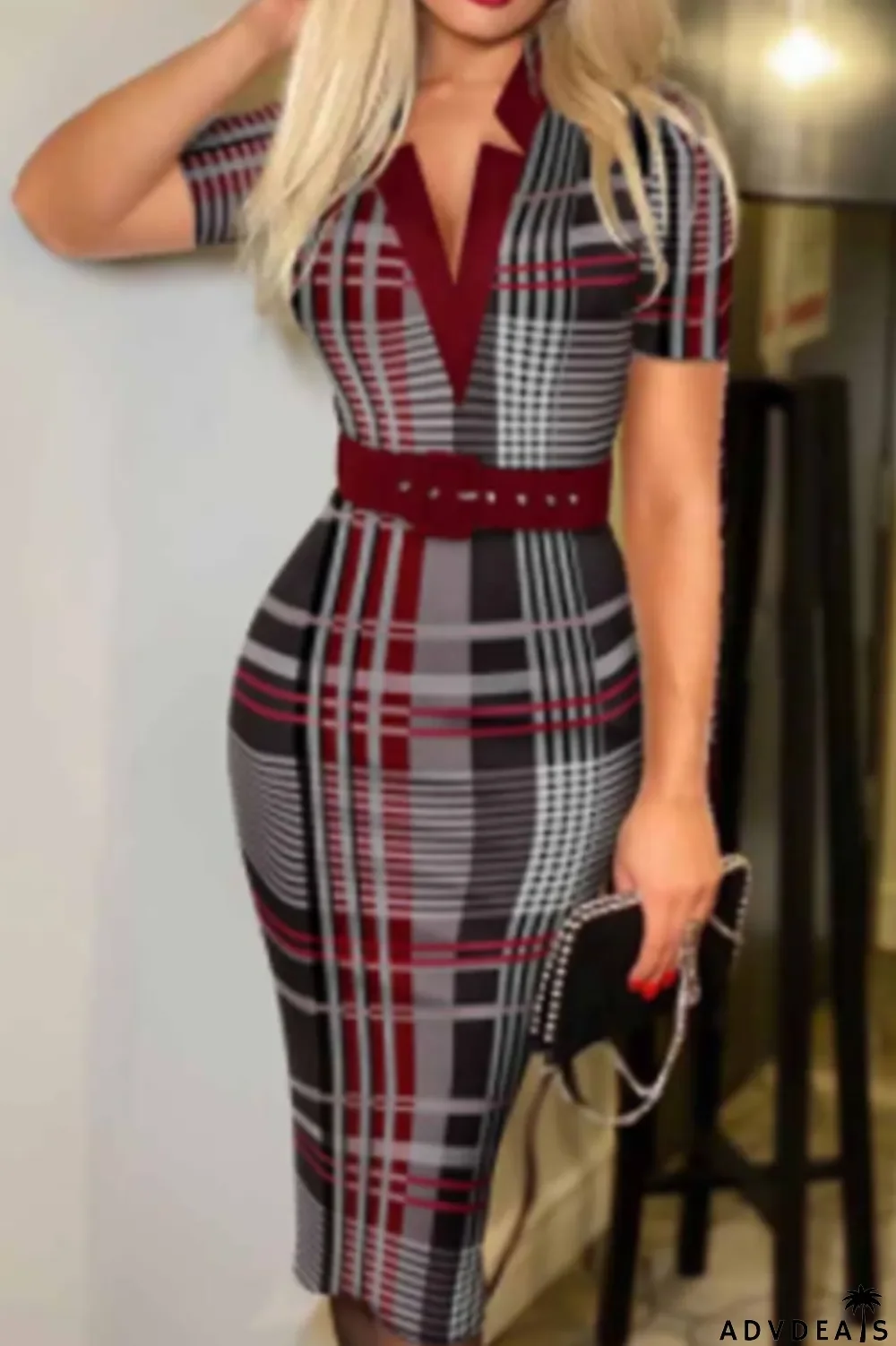 Burgundy Casual Print Patchwork V Neck Pencil Skirt Dresses