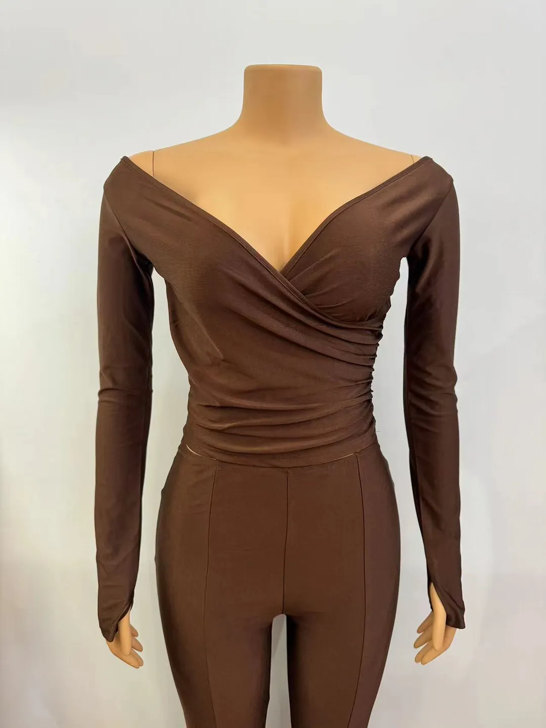 Women Solid v-neck sexy long-sleeved Top And trousers two-piece set