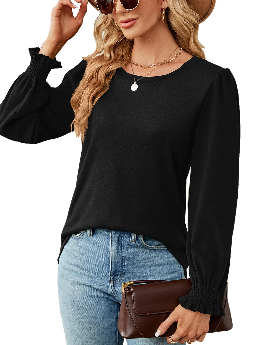 Women's Stitching Scoop Neck Long Sleeved Top