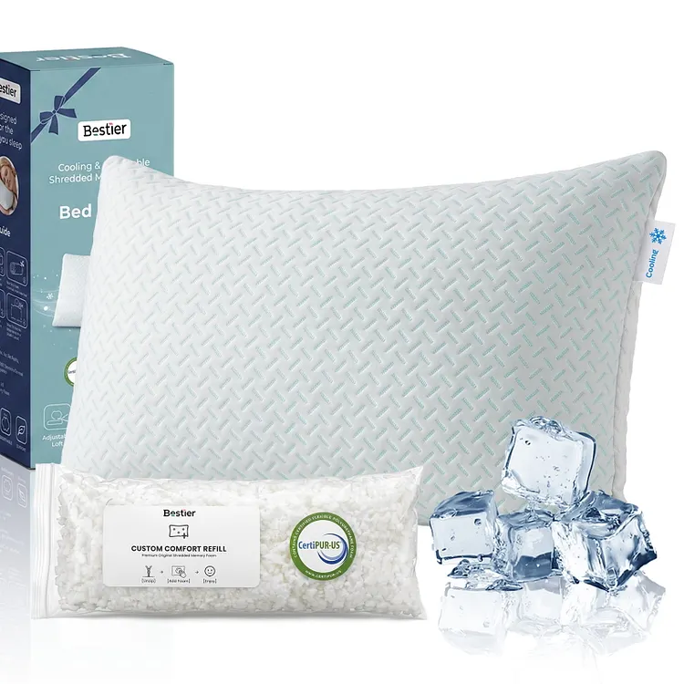 Bestier Cooling Shredded Memory Foam Pillows with Adjustable Loft and Dual-Sided Covers, Queen Size, 2 Pack