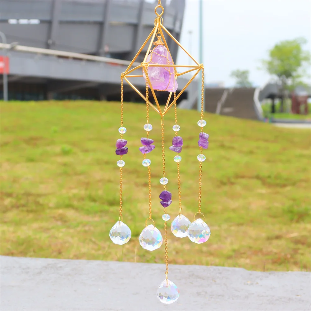 Crystal Wind Chimes Natural Stone Prism Light Catcher Garden Decor (Purple)