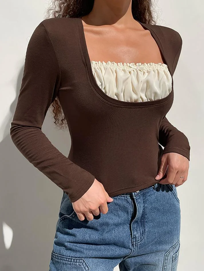 Brownm Square collar Lace Crop Top