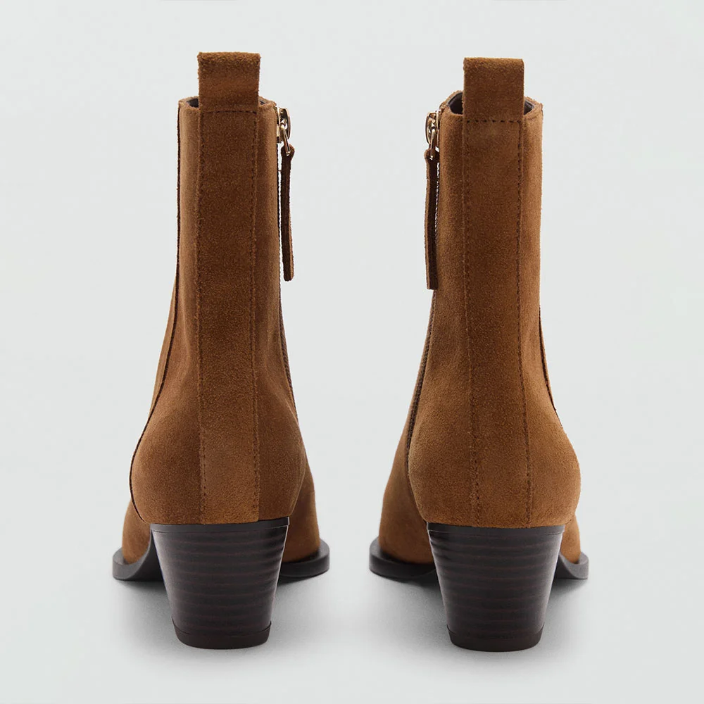 Brown Vegan Suede Chunky Heel Square Toe Zipped Booties for Women