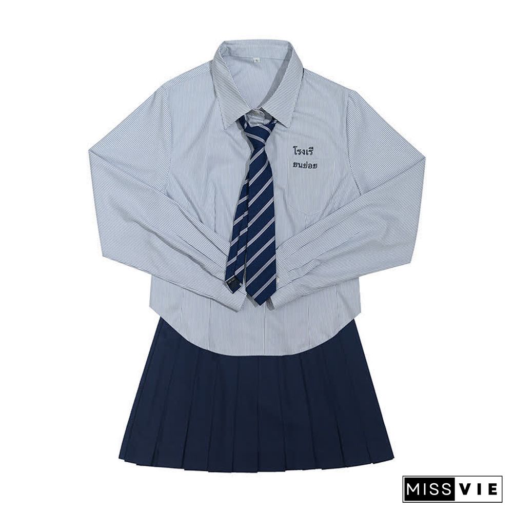 Letter Embroidery Stripe Tie Polo T-Shirt Pleated Skirt JK Uniform