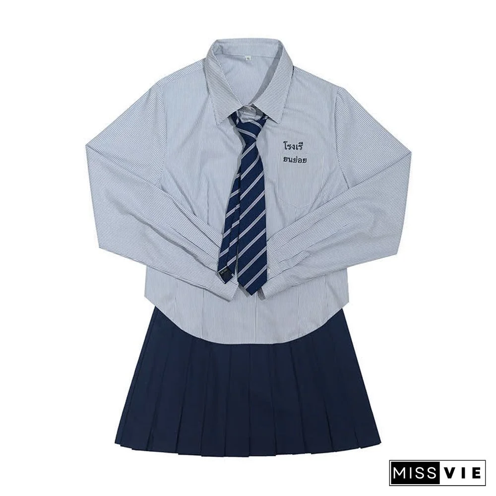 Letter Embroidery Stripe Tie Polo T-Shirt Pleated Skirt JK Uniform