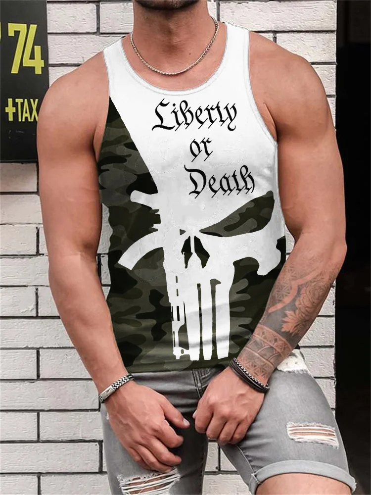Men's Liberty Or Death Skull Contrast Camouflage Tank Top