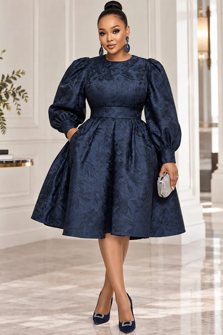Xpluswear Design Plus Size Business Casual Navy Blue Round Neck Long Sleeve Pocket Satin Mini Dresses [Pre-Order] 2024 - Xpluswear