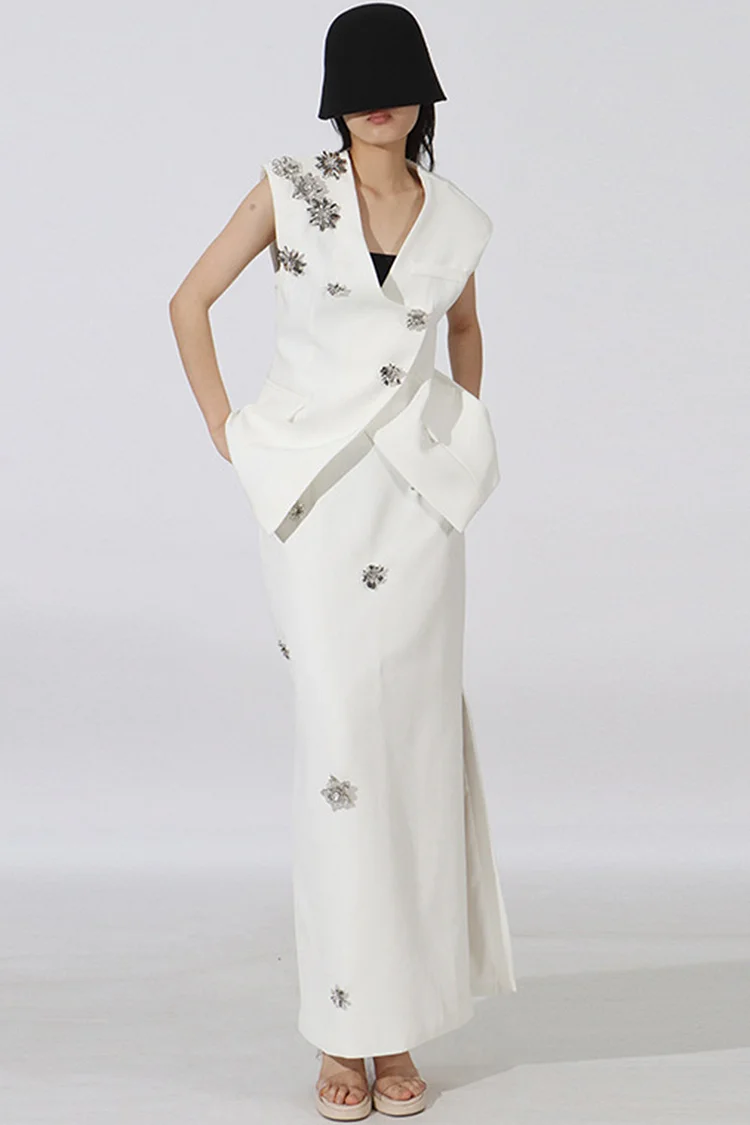 Metal Floral Decor Sleeveless Two Piece Skirt Set-White