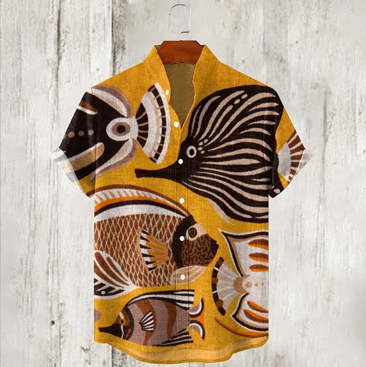 Men's Retro Fish Inspire Print Casual Short Sleeve Shirt