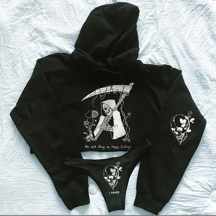 No Such Thing As Happy Endings Death Skull Printed Black Hoodie Suit