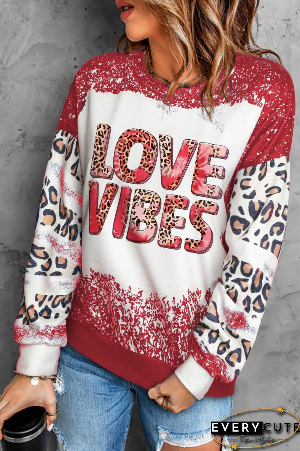 Red Leopard Bleached LOVE VIBES Valentines Sweatshirt