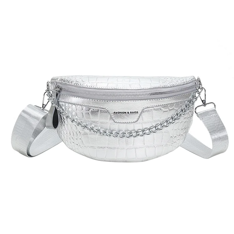 Alligator Pattern Chest Bag Casual Thick Chain Lady Waist Bag for Work (Silver)
