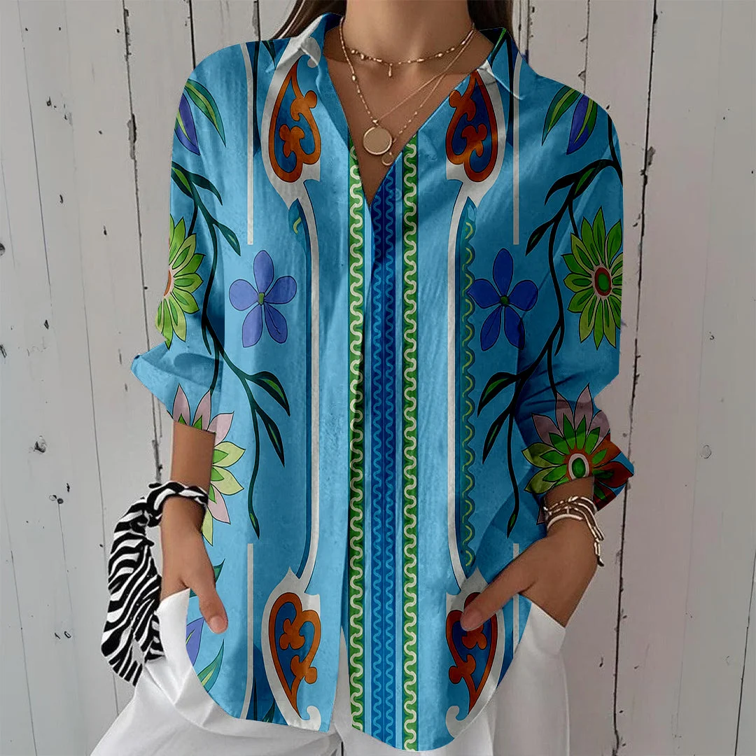 Style & Comfort for Mature Women Women Artistic,Blue DZCL0270 3/4 Sleeve Shirt Collar Printed Button Tops