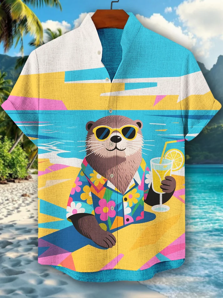 Men's Vacation Style Otter Juice Geometric Print Short Sleeve Shirt