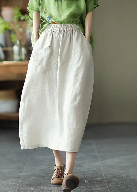 Elegant White Patchwork Pockets A Line Skirts Linen