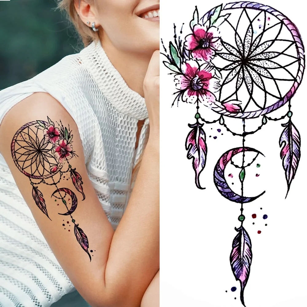 Fake Flower Rose Temporary Tattoos For Women Girl Peony Daisy Deer Moon Tattoos Sticker Black Cluster Body Art Painting Tatoos