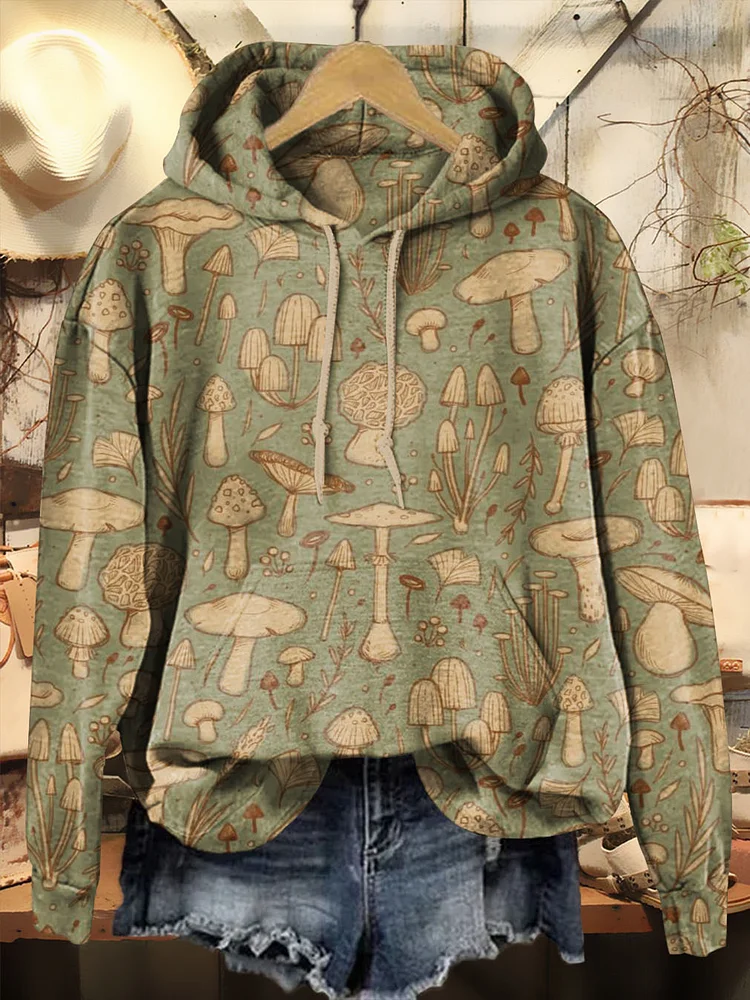 Retro Mushroom Print Casual Hoodie Sweatshirt