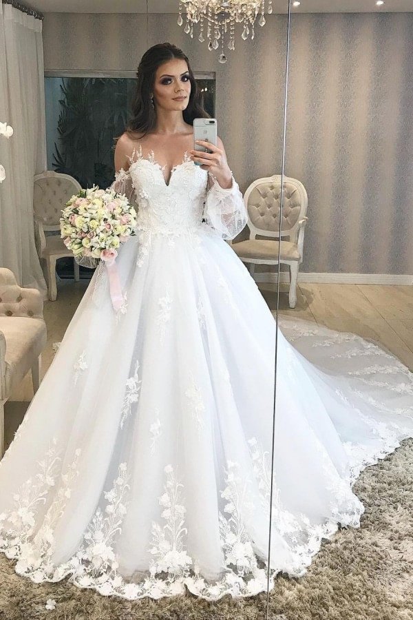 Classy Long Princess Tulle Off-the-shoulder Wedding Dress With Bubble Sleeves | Ballbellas Ballbellas
