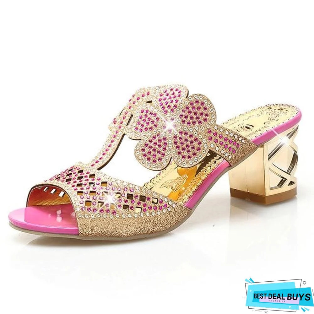 Women High Heels Slipper Peep Toe Hollow Out Crystals Slip On Beach Flip Flops Sandals