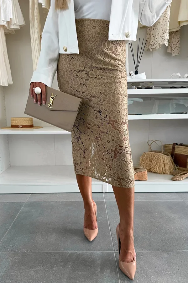 Lesia Floral Lace High Rise Slit Stretch Midi Skirt