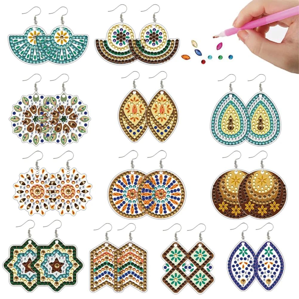12 Pairs Pattern DIY Diamond Art Earrings Double Sided Diamond Painting Earrings