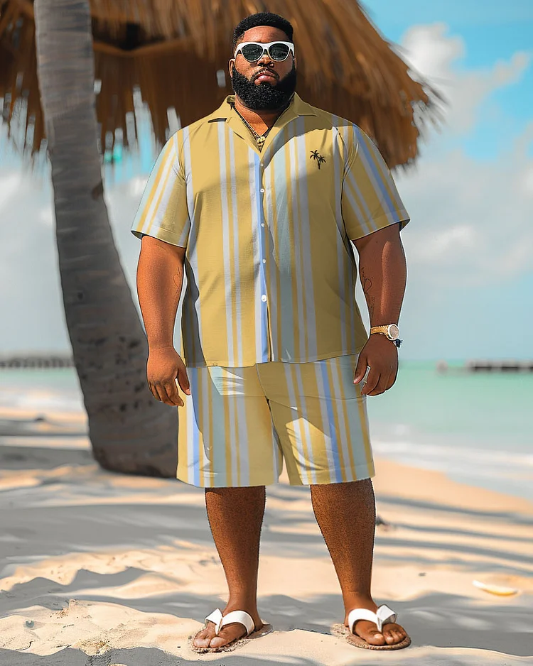 Men's Plus Size Hawaiian Yellow Stripe Print Shirt Shorts Suit