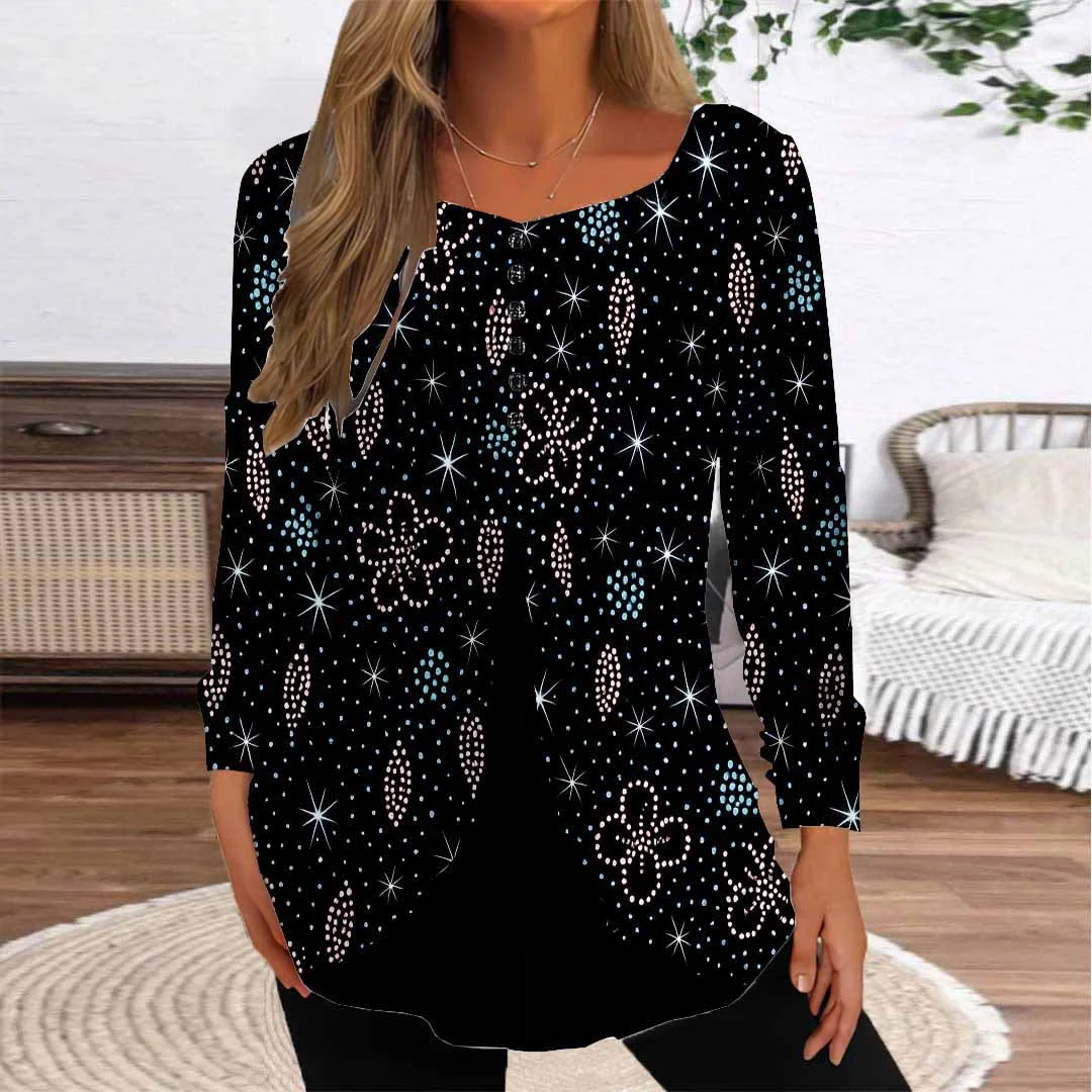 Women Graphic,Black DZGG8336 Long Sleeve Scoop Neck Printed Graphic Button Fake 2in1 Tops