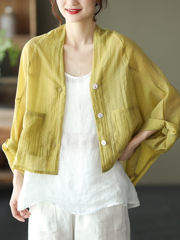 Casual Solid Color Buttoned V-Neck Sun-Protection Batwing Sleeve Outerwear