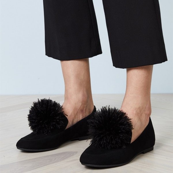 Black Square Toe Furry Ball Comfortable Loafers for Women Nicepairs